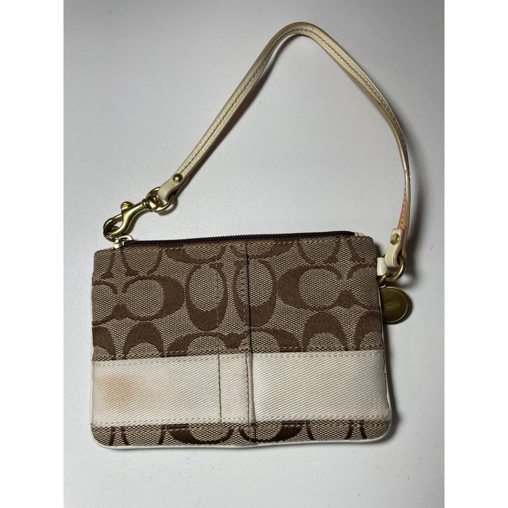 Coach Signature C Monogram Wristlet Pouch Brown Tan Canvas Leather‎ Strap